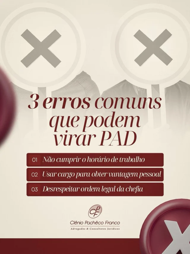 ⚠️ 3 erros que parecem pequenos, mas podem virar PAD

No serviço público, algumas condutas do dia a dia — se repetidas ou não justificadas — podem gerar processo disciplinar e até demissão.

🔹 Não cumprir o horário de trabalho
🔹 Usar o cargo para obter vantagem pessoal
🔹 Desrespeitar ordem legal da chefia

🛑 Todos esses atos podem ser enquadrados como faltas funcionais.
E quando viram PAD, o risco é real.

👩‍⚖️ A melhor defesa é conhecer seus deveres e agir com respaldo jurídico.

#ServidorPúblico #PAD #DireitoAdministrativo #CarreiraPública #CondutaFuncional #Estabilidade #ProcessoAdministrativo #ConsultoriaJurídica